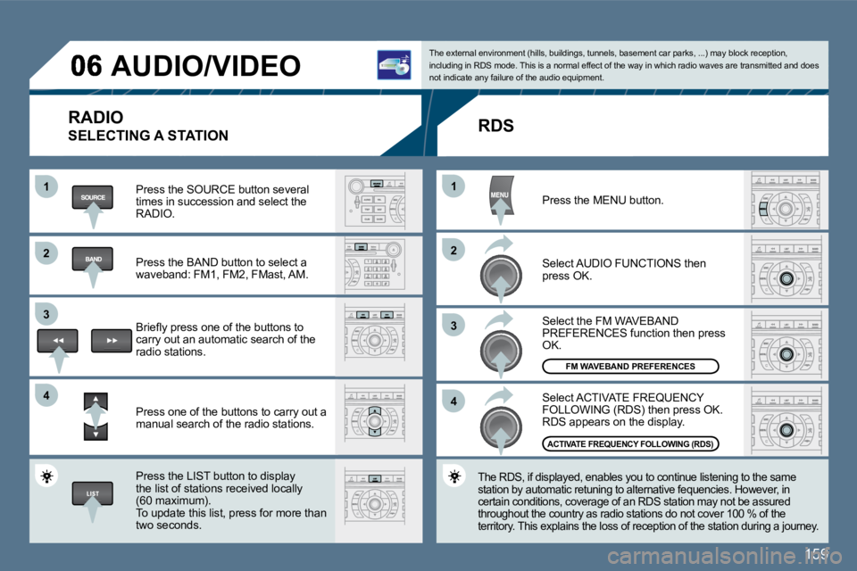 Peugeot 407 2010  Owners Manual 159
11
�2�2
�3�3
�4�4
11
�2�2
�3�3
�4�4
 AUDIO/VIDEO 
  RADIO 
 SELECTING A STATION 
  Press the SOURCE button several times in succession and select the RADIO.  
  Press the BAND button to select a w