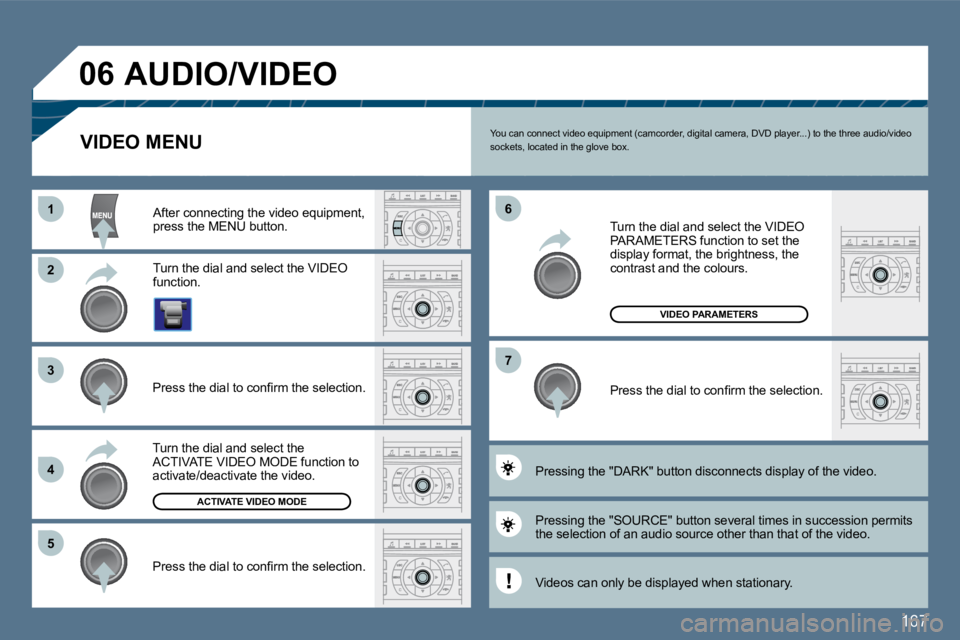 Peugeot 407 2010  Owners Manual 167
11
�2�2
�3�3
�4�4
�5�5
�6�6
�7�7
�0�6
ACTIVATE VIDEO MODE
VIDEO PARAMETERS
 You can connect video equipment (camcorder, digital camera, DVD player...) to the three audio/video sockets, located in 