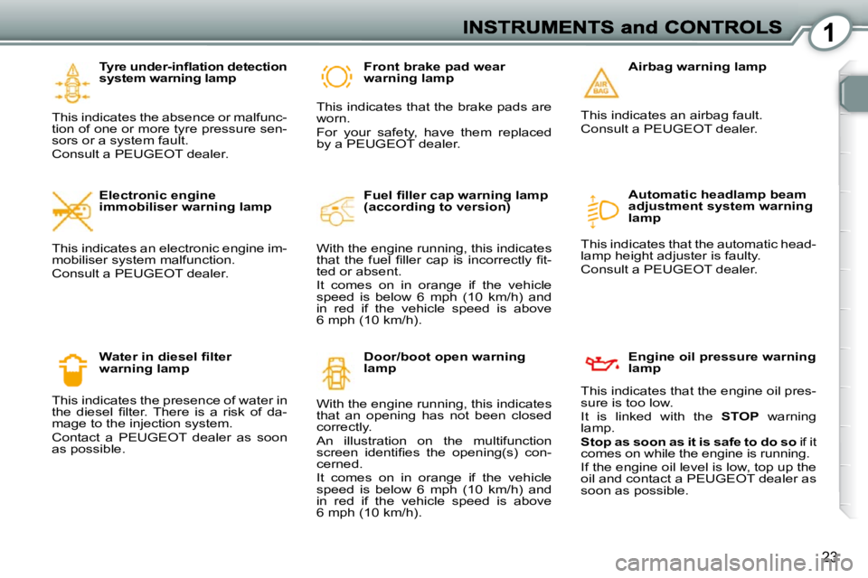 Peugeot 407 2010  Owners Manual 1
23
� � �T�y�r�e� �u�n�d�e�r�-�i�n�ﬂ� �a�t�i�o�n� �d�e�t�e�c�t�i�o�n�  
system warning lamp 
 This indicates the absence or malfunc-
tion of one or more tyre pressure sen-
sors or a system fault.  