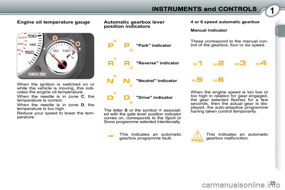 Peugeot 407 2010  Owners Manual 1
25
 This  indicates  an  automatic  
gearbox programme fault. 
 Automatic gearbox lever position indicators 
 This  indicates  an  automatic  
gearbox malfunction.   
  
4 or 6 speed automatic gearb