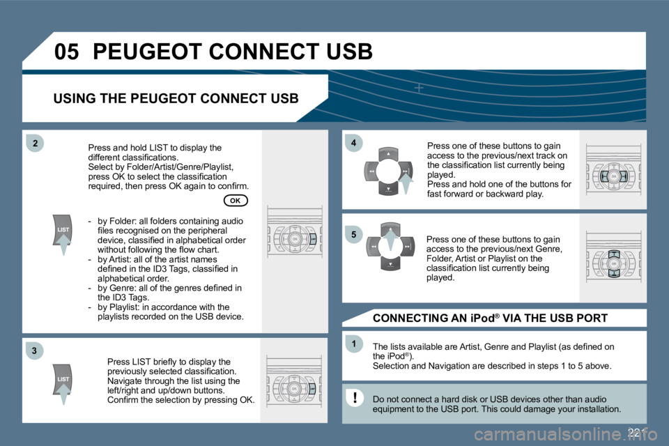 Peugeot 407 2010  Owners Manual 221
�3�3
�4�4
�1�1
�5�5
�2�2
�0�5� �P�E�U�G�E�O�T� �C�O�N�N�E�C�T� �U�S�B� 
� � �U�S�I�N�G� �T�H�E� �P�E�U�G�E�O�T� �C�O�N�N�E�C�T� �U�S�B� 
� � �P�r�e�s�s� �L�I�S�T� �b�r�i�e�ﬂ� �y� �t�o� �d�i�s�p�