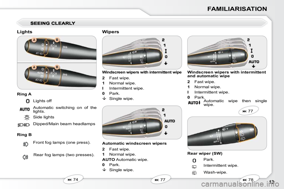 Peugeot 407 2010  Owners Manual FAMILIARISATION
  Lights  
  Ring B 
  Windscreen wipers with intermittent wipe 
  
2    Fast wipe. 
  
1   Normal wipe. 
  
I    Intermittent wipe. 
  
0    Park. 
  
 
��   
 Single wipe.  
  Wip