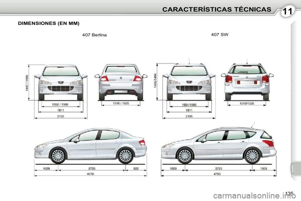 Peugeot 407 2010  Manual del propietario (in Spanish) 1111CARACTERÍSTICAS TÉCNICAS
135
 DIMENSIONES (EN MM) 
 407 Berlina  407 SW      