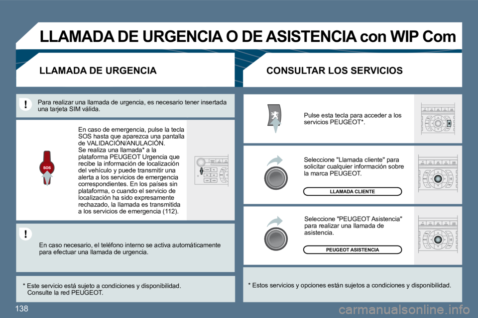 Peugeot 407 2010  Manual del propietario (in Spanish) 138 
 PEUGEOT ASISTENCIA 
 LLAMADA CLIENTE 
  *   Estos servicios y opciones están sujetos a condiciones y disponibilidad.  
       CONSULTAR LOS SERVICIOS         LLAMADA DE URGENCIA 
 Pulse esta te