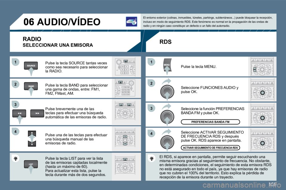 Peugeot 407 2010  Manual del propietario (in Spanish) 159
11
�2�2
�3�3
�4�4
11
�2�2
�3�3
�4�4
 AUDIO/VÍDEO 
  RADIO 
 SELECCIONAR UNA EMISORA 
  Pulse la tecla SOURCE tantas veces como sea necesario para seleccionar la RADIO.  
  Pulse la tecla BAND par