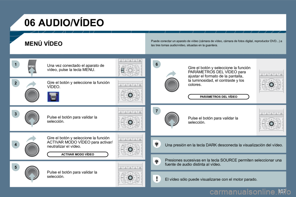Peugeot 407 2010  Manual del propietario (in Spanish) 167
11
�2�2
�3�3
�4�4
�5�5
�6�6
�7�7
�0�6
ACTIVAR MODO VÍDEO
PARÁMETROS DEL VÍDEO
 Puede conectar un aparato de vídeo (cámara de vídeo, cámara de fotos digital, reproductor DVD...) a las tres t