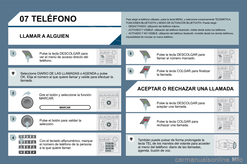 Peugeot 407 2010  Manual del propietario (in Spanish) 171
11
�2�2
�3�3
�5�5
�6�6
�4�4
�0�7 TELÉFONO 
  LLAMAR A ALGUIEN 
  Gire el botón y seleccione la función MARCAR.  
  Pulse la tecla DESCOLGAR para ver el menú de acceso directo del teléfono.  

