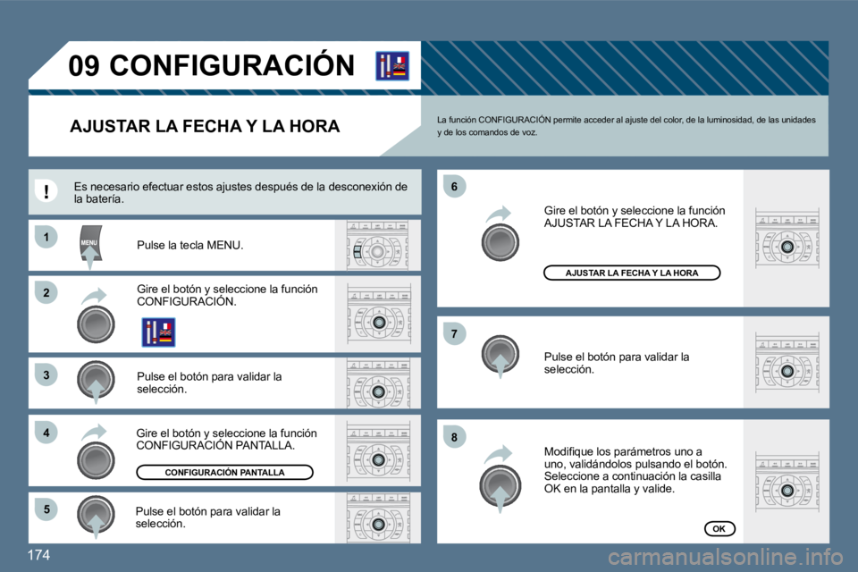 Peugeot 407 2010  Manual del propietario (in Spanish) 174 
11
�3�3
�4�4
�5�5
�6�6
�7�7
�8�8
�0�9
�2�2
 CONFIGURACIÓN 
        AJUSTAR LA FECHA Y LA HORA 
  Pulse la tecla MENU.  
  Gire el botón y seleccione la función CONFIGURACIÓN.    Gire el botó