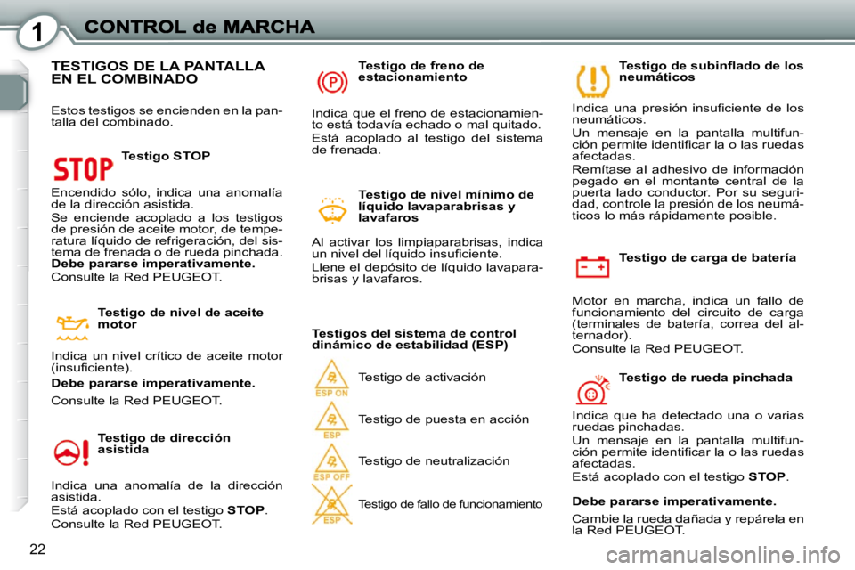 Peugeot 407 2010  Manual del propietario (in Spanish) 1
22
  Testigo de carga de batería 
 Motor  en  marcha,  indica  un  fallo  de  
funcionamiento  del  circuito  de  carga 
(terminales  de  batería,  correa  del  al-
ternador).  
 Consulte la Red P