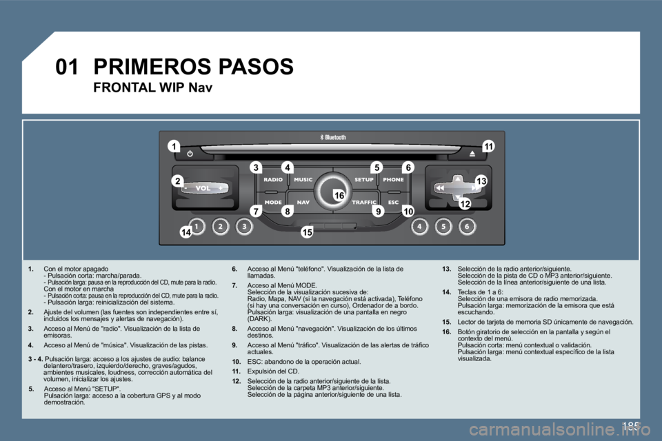 Peugeot 407 2010  Manual del propietario (in Spanish) 185
�0�1
�1�1
�5�5
�1�0�1�0
�2�2
�3�3�4�4�6�6
�1�3�1�3
�1�1�1�1
�9�9
�1�4�1�4�1�5�1�5
�7�7�8�8�1�2�1�2�1�6�1�6
�1�.    Con el motor apagado    - Pulsación corta: marcha/parada.    - Pulsación larga: