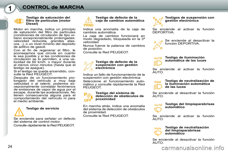 Peugeot 407 2010  Manual del propietario (in Spanish) 1
24
  Testigo de saturación del  
�ﬁ� �l�t�r�o� �d�e� �p�a�r�t�í�c�u�l�a�s� �(�m�o�t�o�r� 
Diesel) 
 Motor  en  marcha,  indica  un  principio  
�d�e�  �s�a�t�u�r�a�c�i�ó�n�  �d�e�l�  �ﬁ� �l�t
