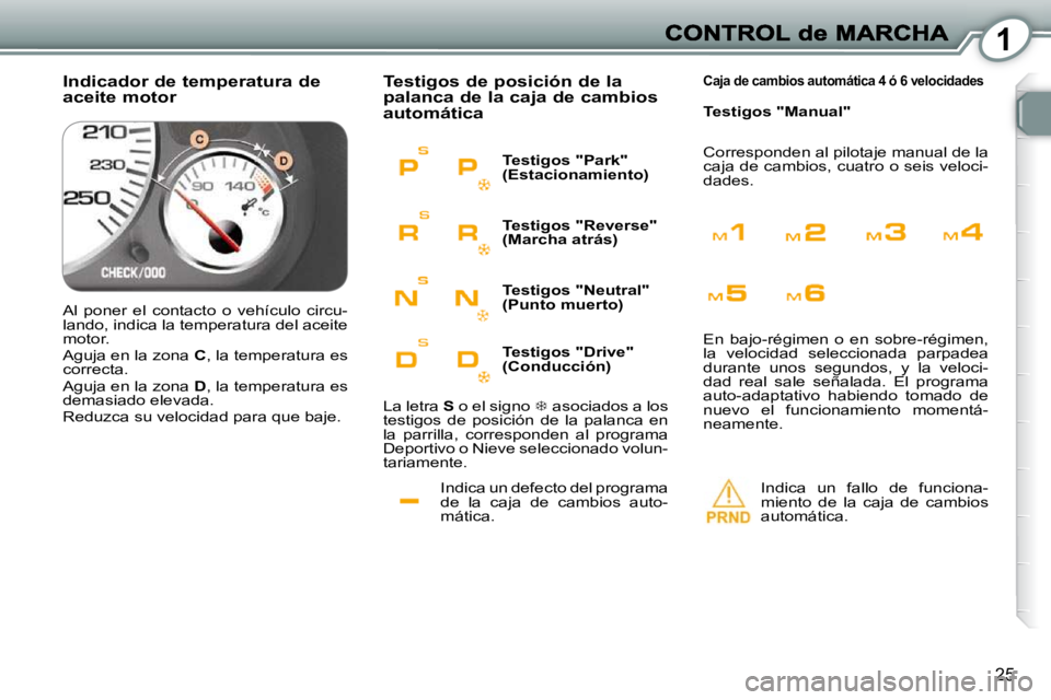 Peugeot 407 2010  Manual del propietario (in Spanish) 1
25
 Indica un defecto del programa  
de  la  caja  de  cambios  auto-
mática. 
 Testigos de posición de la palanca de la caja de cambios automática 
 Indica  un  fallo  de  funciona- 
miento  de 