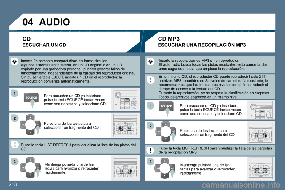 Peugeot 407 2010  Manual del propietario (in Spanish) 218
�0�4
�1�1
�1�1
�2
�3�3�3�3
�2�2
� �A�U�D�I�O� 
� �I�n�s�e�r�t�e� �ú�n�i�c�a�m�e�n�t�e� �c�o�m�p�a�c�t� �d�i�s�c�s� �d�e� �f�o�r�m�a� �c�i�r�c�u�l�a�r�.� � �A�l�g�u�n�o�s� �s�i�s�t�e�m�a�s� �a�n�t