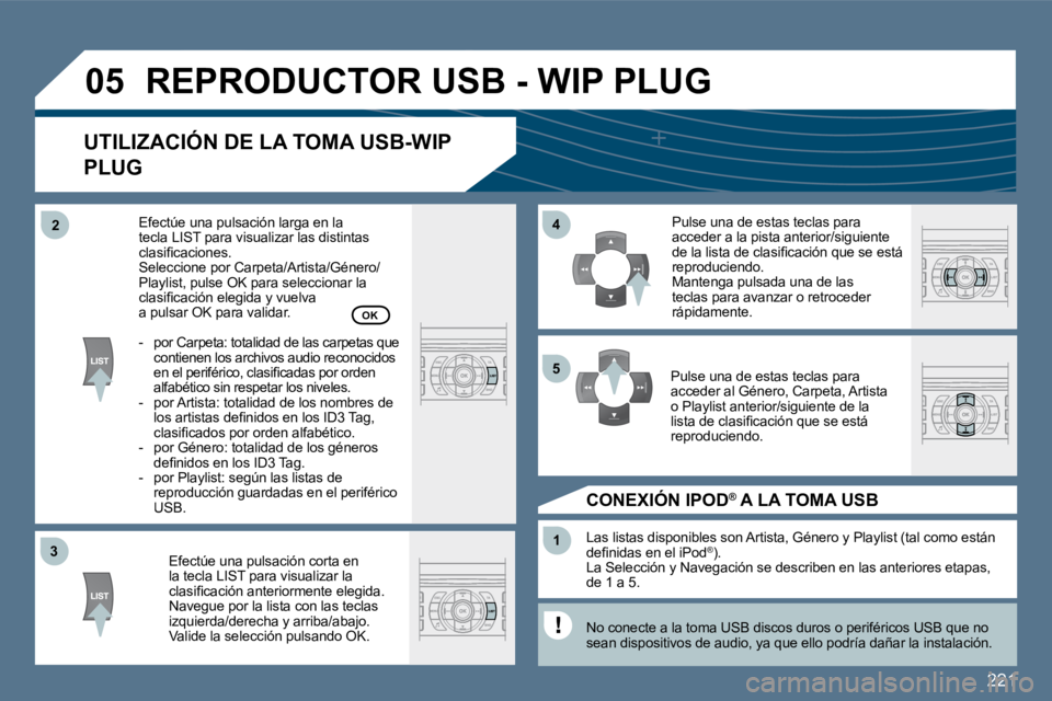 Peugeot 407 2010  Manual del propietario (in Spanish) 221
�3�3
�4�4
�1�1
�5�5
�2�2
�0�5� �R�E�P�R�O�D�U�C�T�O�R� �U�S�B� �-� �W�I�P� �P�L�U�G� 
� � �U�T�I�L�I�Z�A�C�I�Ó�N� �D�E� �L�A� �T�O�M�A� �U�S�B�-�W�I�P� 
�P�L�U�G� 
� � �E�f�e�c�t�ú�e� �u�n�a� �p