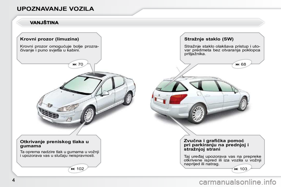 Peugeot 407 2010  Vodič za korisnike (in Croatian) UPOZNAVANJE VOZILA  Krovni prozor (limuzina)  
� �K�r�o�v�n�i�  �p�r�o�z�o�r�  �o�m�o�g�u�ć�u�j�e�  �b�o�l�j�e�  �p�r�o�z�r�a�- 
�č�i�v�a�n�j�e� �i� �p�u�n�o� �s�v�j�e�t�l�a� �u� �k�a�b�i�n�i�.�    