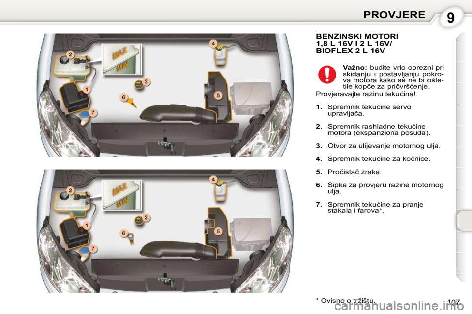 Peugeot 407 2010  Vodič za korisnike (in Croatian) 9PROVJERE
107
 BENZINSKI MOTORI 1,8 L 16V I 2 L 16V/BIOFLEX 2 L 16V 
� � �*� � � �O�v�i�s�n�o� �o� �t�r�ž�i�š�t�u�.� �   
�V�a�ž�n�o�: � �  �b�u�d�i�t�e�  �v�r�l�o�  �o�p�r�e�z�n�i�  �p�r�i� 
�s�k�