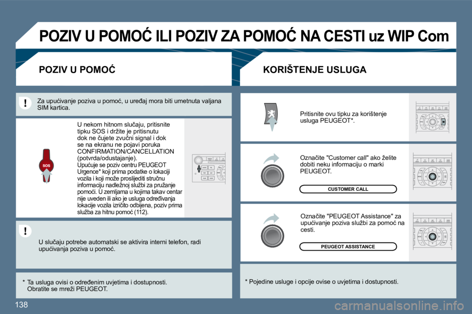 Peugeot 407 2010  Vodič za korisnike (in Croatian) 138 
� �P�E�U�G�E�O�T� �A�S�S�I�S�T�A�N�C�E� 
� �C�U�S�T�O�M�E�R� �C�A�L�L� 
  *   Pojedine usluge i opcije ovise o uvjetima i dostupnosti.  
�K�O�R�I�Š�T�E�N�J�E� �U�S�L�U�G�A� �P�O�Z�I�V� �U� �P�O�