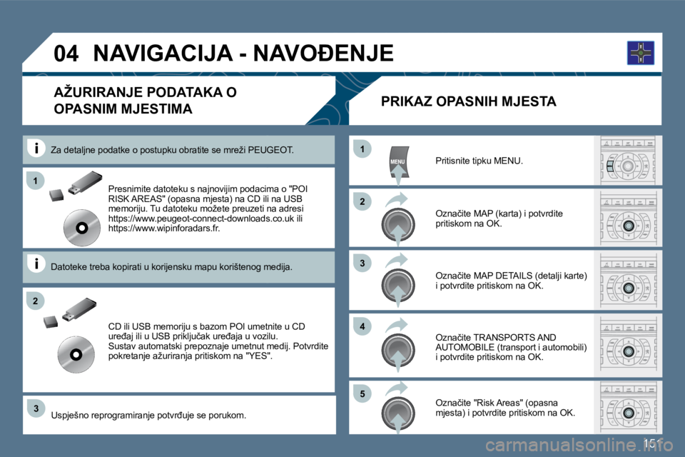 Peugeot 407 2010  Vodič za korisnike (in Croatian) �1�5�1
�0�4
�3
�1
�2
�2
�1
�3
�4
�5
� � �P�r�e�s�n�i�m�i�t�e� �d�a�t�o�t�e�k�u� �s� �n�a�j�n�o�v�i�j�i�m� �p�o�d�a�c�i�m�a� �o� �"�P�O�I� �R�I�S�K� �A�R�E�A�S�"� �(�o�p�a�s�n�a� �m�j�e�s�t�a�)
