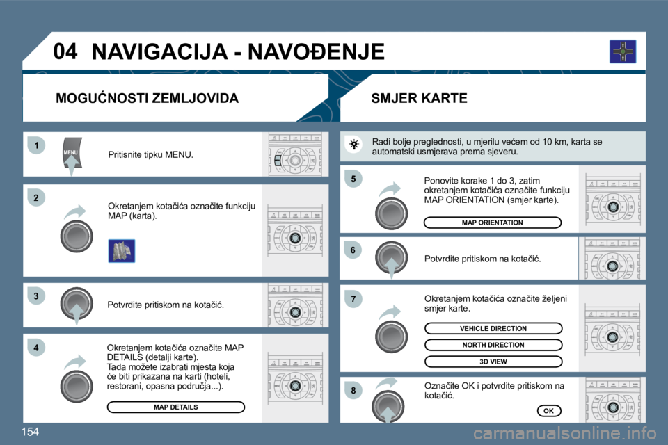 Peugeot 407 2010  Vodič za korisnike (in Croatian) �1�5�4� 
�1�1
�2�2
�3�3
�4�4
�5
�6�6
�7�7
�8�8
�0�4
� � �P�r�i�t�i�s�n�i�t�e� �t�i�p�k�u� �M�E�N�U�.� � 
� � �O�k�r�e�t�a�n�j�e�m� �k�o�t�a�č�i�ć�a� �o�z�n�a�č�i�t�e� �f�u�n�k�c�i�j�u� �M�A�P� �(�k