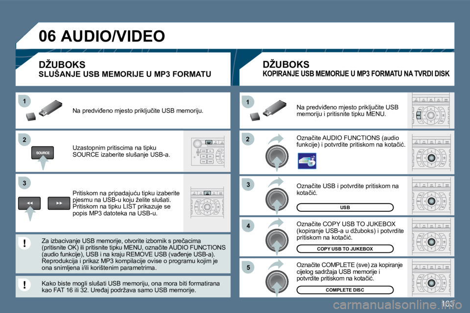 Peugeot 407 2010  Vodič za korisnike (in Croatian) 163
�2�2
�1�1
�3�3
�4�4
�5�5
�2�2
�3�3
�1�1
�0�6
�U�S�B
�C�O�P�Y� �U�S�B� �T�O� �J�U�K�E�B�O�X
�C�O�M�P�L�E�T�E� �D�I�S�C
� �O�z�n�a�č�i�t�e� �U�S�B� �i� �p�o�t�v�r�d�i�t�e� �p�r�i�t�i�s�k�o�m� �n�a�