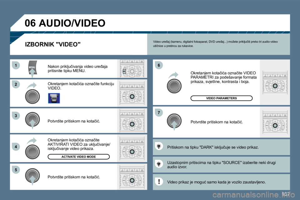 Peugeot 407 2010  Vodič za korisnike (in Croatian) 167
�1�1
�2�2
�3�3
�4�4
�5�5
�6�6
�7�7
�0�6
�A�C�T�I�V�A�T�E� �V�I�D�E�O� �M�O�D�E
�V�I�D�E�O� �P�A�R�A�M�E�T�E�R�S
� �V�i�d�e�o� �u�r�e�đ�a�j� �(�k�a�m�e�r�u�,� �d�i�g�i�t�a�l�n�i� �f�o�t�o�a�p�a�r�