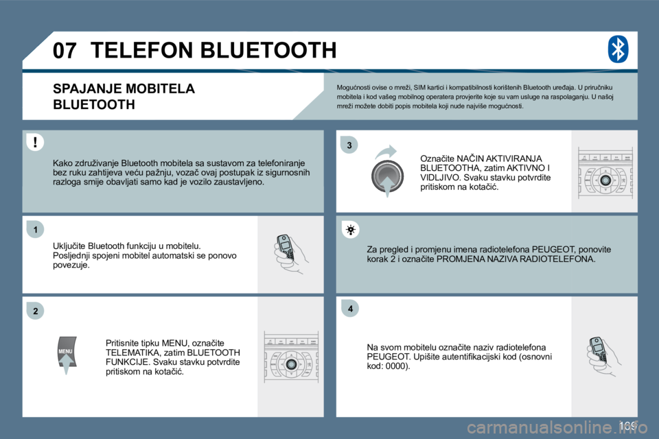 Peugeot 407 2010  Vodič za korisnike (in Croatian) 169
�3�3
�2�2
�1�1
�4�4
�0�7
� �M�o�g�u�ć�n�o�s�t�i� �o�v�i�s�e� �o� �m�r�e�ž�i�,� �S�I�M� �k�a�r�t�i�c�i� �i� �k�o�m�p�a�t�i�b�i�l�n�o�s�t�i� �k�o�r�i�š�t�e�n�i�h� �B�l�u�e�t�o�o�t�h� �u�r�e�đ�a�