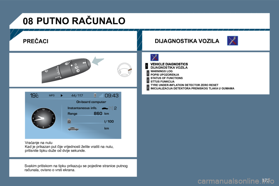 Peugeot 407 2010  Vodič za korisnike (in Croatian) 173
1
�2
�2
�2
�0�8
� �D�I�J�A�G�N�O�S�T�I�K�A� �V�O�Z�I�L�A� 
� � �P�O�P�I�S� �U�P�O�Z�O�R�E�N�J�A� � 
� � �S�T�T�U�S� �F�U�N�K�C�I�J�A� � 
� � �I�N�I�C�I�J�A�L�I�Z�A�C�I�J�A� �D�E�T�E�K�T�O�R�A� �P�