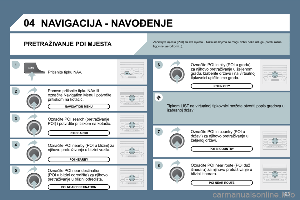 Peugeot 407 2010  Vodič za korisnike (in Croatian) �1�9�3
�8
�6 
�7
�4
�3
�5
�2
�1
�0�4� �N�A�V�I�G�A�C�I�J�A� �-� �N�A�V�O�E�N�J�E� 
� � �P�R�E�T�R�A�Ž�I�V�A�N�J�E� �P�O�I� �M�J�E�S�T�A� 
� � �P�r�i�t�i�s�n�i�t�e� �t�i�p�k�u� �N�A�V�.� � 
� � �P�o