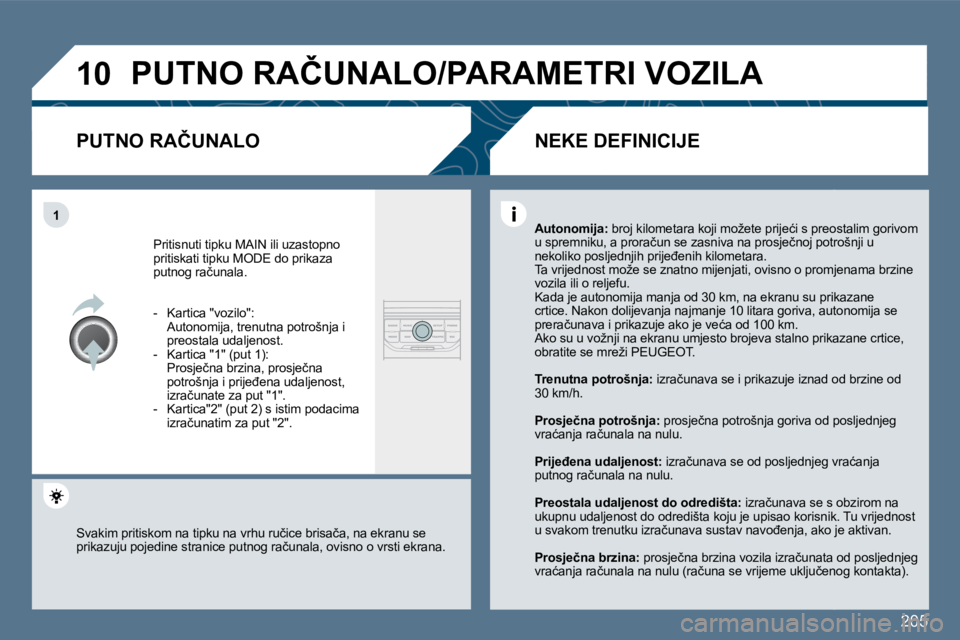 Peugeot 407 2010  Vodič za korisnike (in Croatian) �2�0�5
�1�0
�1
� �P�U�T�N�O� �R�A�Č�U�N�A�L�O�/�P�A�R�A�M�E�T�R�I� �V�O�Z�I�L�A� 
� � �P�U�T�N�O� �R�A�Č�U�N�A�L�O� 
� �P�r�i�t�i�s�n�u�t�i� �t�i�p�k�u� �M�A�I�N� �i�l�i� �u�z�a�s�t�o�p�n�o� �p�r�i�