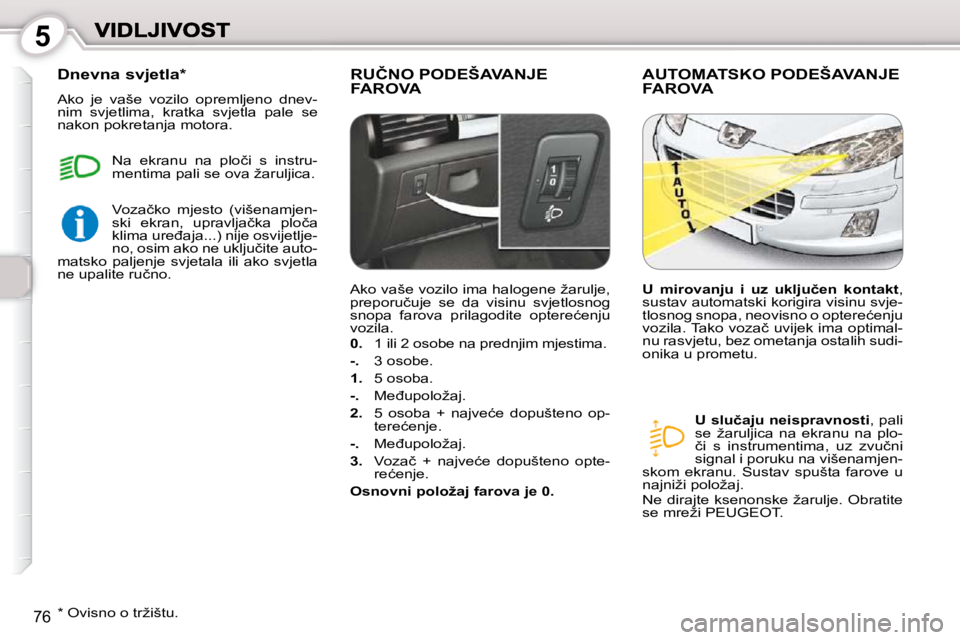 Peugeot 407 2010  Vodič za korisnike (in Croatian) 5
�7�6
� �R�U�Č�N�O� �P�O�D�E�Š�A�V�A�N�J�E� FAROVA � �A�U�T�O�M�A�T�S�K�O� �P�O�D�E�Š�A�V�A�N�J�E� FAROVA 
  
�U� �s�l�u�č�a�j�u� �n�e�i�s�p�r�a�v�n�o�s�t�i � �,� �p�a�l�i� 
�s�e�  �ž�a�r�u�l�j�