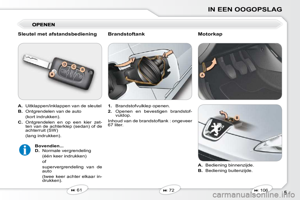 Peugeot 407 2010  Handleiding (in Dutch) IN EEN OOGOPSLAG
  Sleutel met afstandsbediening  
  
A.    Uitklappen/inklappen van de sleutel 
  
B.    Ontgrendelen van de auto  
  (kort indrukken).  
  
C.    Ontgrendelen  en  op  een  kier  zet