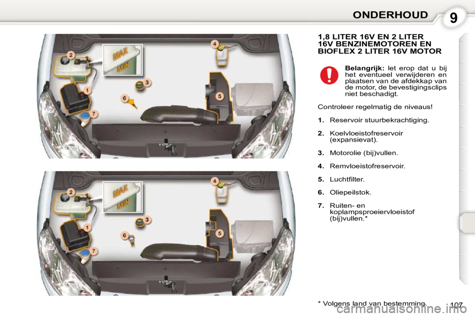 Peugeot 407 2010  Handleiding (in Dutch) 9ONDERHOUD
107
 1,8 LITER 16V EN 2 LITER 16V BENZINEMOTOREN EN BIOFLEX 2 LITER 16V MOTOR 
  *   Volgens land van bestemming.     
Belangrijk:    let  erop  dat  u  bij 
het  eventueel  verwijderen  en