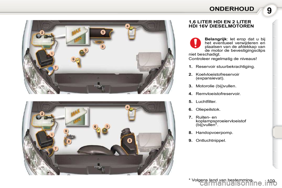 Peugeot 407 2010  Handleiding (in Dutch) 9ONDERHOUD
109
 1,6 LITER HDI EN 2 LITER HDI 16V DIESELMOTOREN 
  *   Volgens land van bestemming.    
Belangrijk  :  let  erop  dat  u  bij 
het  eventueel  verwijderen  en  
plaatsen van de afdekkap