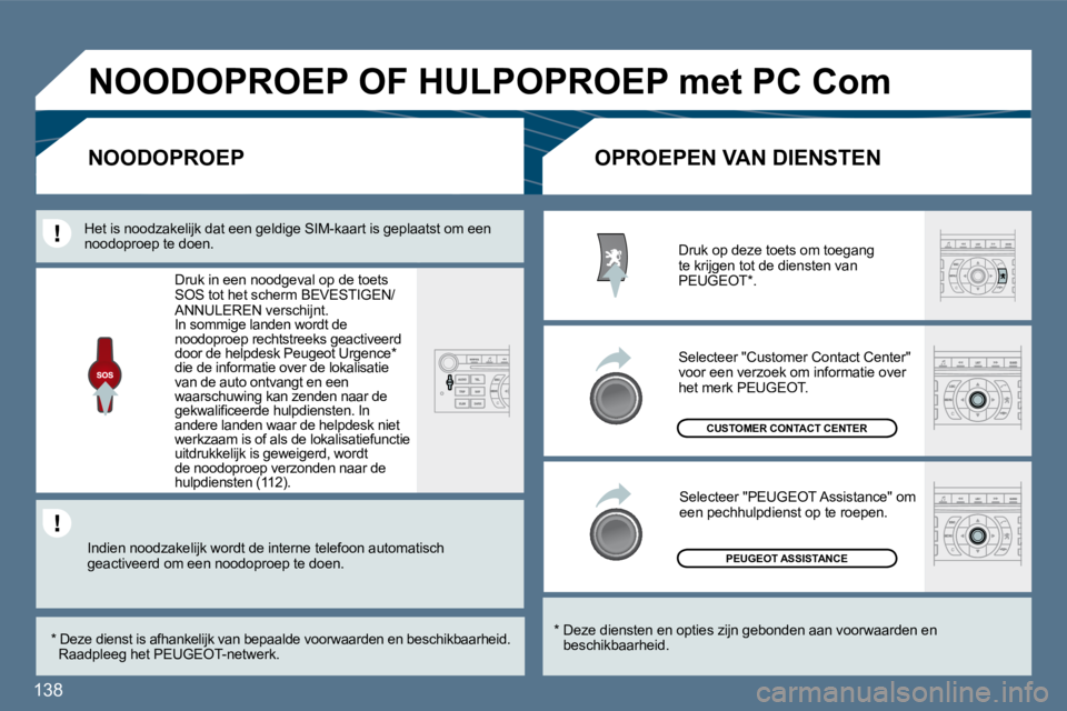 Peugeot 407 2010 Handleiding (in Dutch) 138
PEUGEOT ASSISTANCE
CUSTOMER CONTACT CENTER
* Deze diensten en opties zijn gebonden aan voorwaarden en beschikbaarheid.
OPROEPEN VAN DIENSTEN NOODOPROEP
Druk op deze to Peugeot 407 2010 Handleiding (in Dutch) 138
PEUGEOT ASSISTANCE
CUSTOMER CONTACT CENTER
* Deze diensten en opties zijn gebonden aan voorwaarden en beschikbaarheid.
OPROEPEN VAN DIENSTEN NOODOPROEP
Druk op deze to