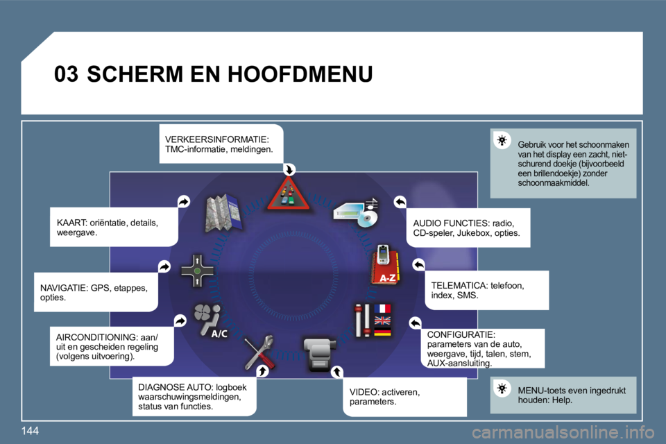 Peugeot 407 2010  Handleiding (in Dutch) 144 
�0�3 SCHERM EN HOOFDMENU 
         Gebruik voor het schoonmaken van het display een zacht, niet-schurend doekje (bijvoorbeeld een brillendoekje) zonder schoonmaakmiddel.  
  MENU-toets even inged