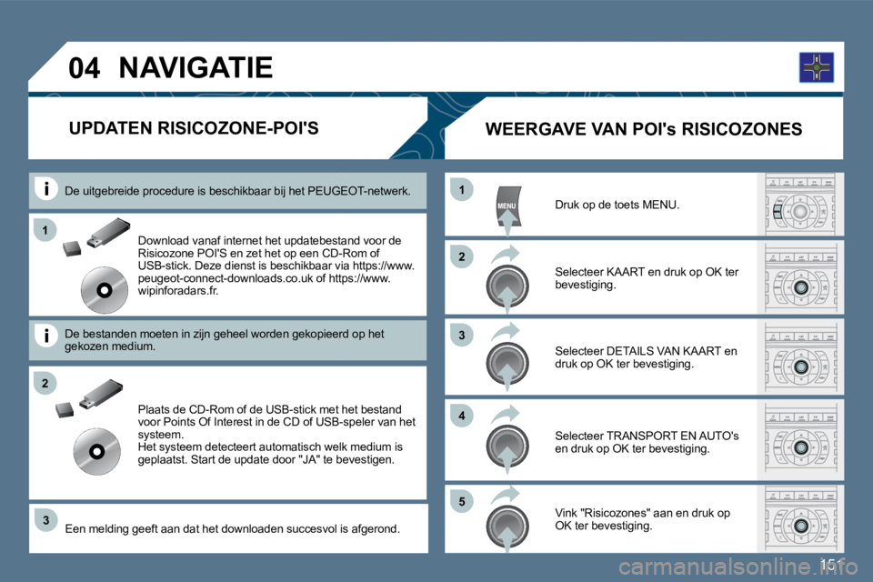Peugeot 407 2010  Handleiding (in Dutch) 151
�0�4
�3
1
�2
�2
1
�3
�4
�5
  Download vanaf internet het updatebestand voor de Risicozone POIS en zet het op een CD-Rom of USB-stick. Deze dienst is beschikbaar via https://www.peugeot-connect-do