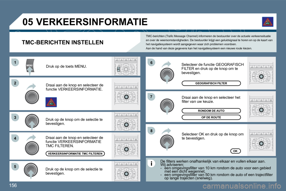 Peugeot 407 2010  Handleiding (in Dutch) 156 
�5�5
�6�6
�7�7
�8�8
11
�2�2
�3�3
�4�4
�0�5
        TMC-BERICHTEN INSTELLEN 
� �T�M�C�-�b�e�r�i�c�h�t�e�n� �(�T�r�a�ﬁ� �c� �M�e�s�s�a�g�e� �C�h�a�n�n�e�l�)� �i�n�f�o�r�m�e�r�e�n� �d�e� �b�e�s�t�