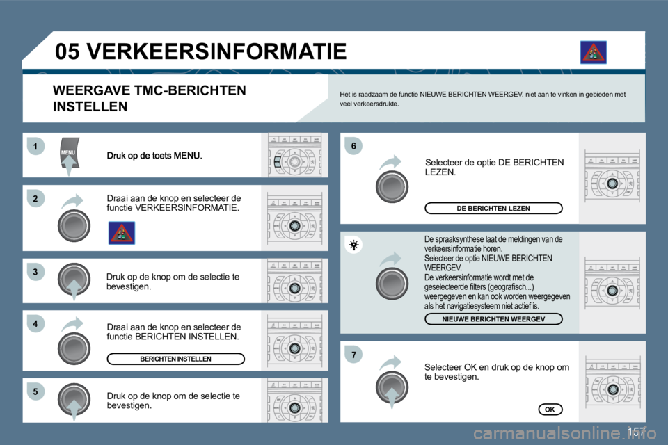 Peugeot 407 2010  Handleiding (in Dutch) 157
11
�2�2
�3�3
�4�4
�6�6
�5�5
�7�7
�0�5
DE BERICHTEN LEZEN
NIEUWE BERICHTEN WEERGEV
OK
  WEERGAVE TMC-BERICHTEN 
INSTELLEN 
 Het is raadzaam de functie NIEUWE BERICHTEN WEERGEV. niet aan te vinken i