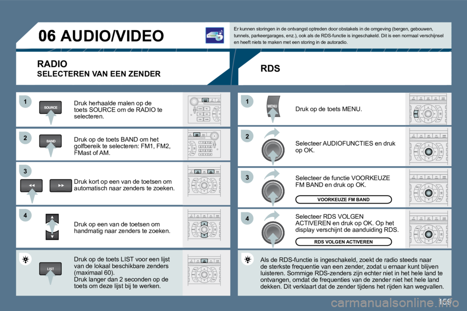 Peugeot 407 2010  Handleiding (in Dutch) 159
11
�2�2
�3�3
�4�4
11
�2�2
�3�3
�4�4
 AUDIO/VIDEO 
  RADIO 
 SELECTEREN VAN EEN ZENDER 
  Druk herhaalde malen op de toets SOURCE om de RADIO te selecteren.  
  Druk op de toets BAND om het golfber