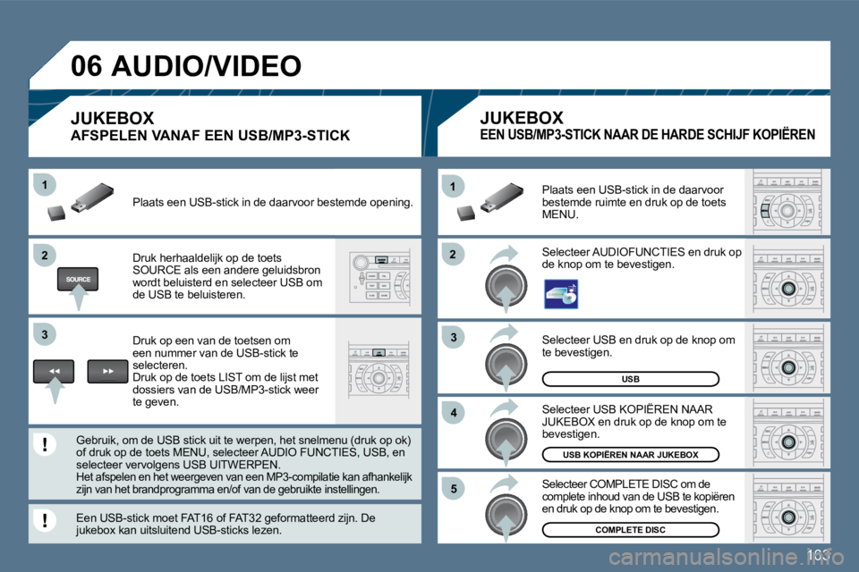 Peugeot 407 2010  Handleiding (in Dutch) 163
�2�2
11
�3�3
�4�4
�5�5
�2�2
�3�3
11
�0�6
USB
USB KOPIËREN NAAR JUKEBOX
COMPLETE DISC
 Selecteer USB en druk op de knop om te bevestigen. 
 Selecteer USB KOPIËREN NAAR JUKEBOX en druk op de knop 