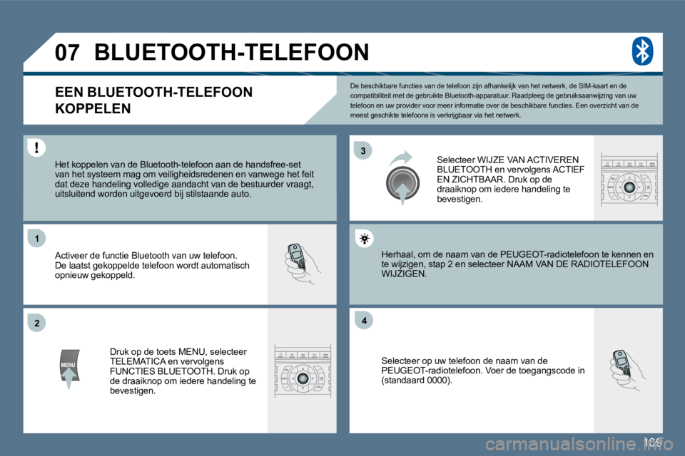 Peugeot 407 2010  Handleiding (in Dutch) 169
�3�3
�2�2
11
�4�4
�0�7
 De beschikbare functies van de telefoon zijn afhankelijk van het netwerk, de SIM-kaart en de compatibiliteit met de gebruikte Bluetooth-apparatu ur. Raadpleeg de gebruiksaa