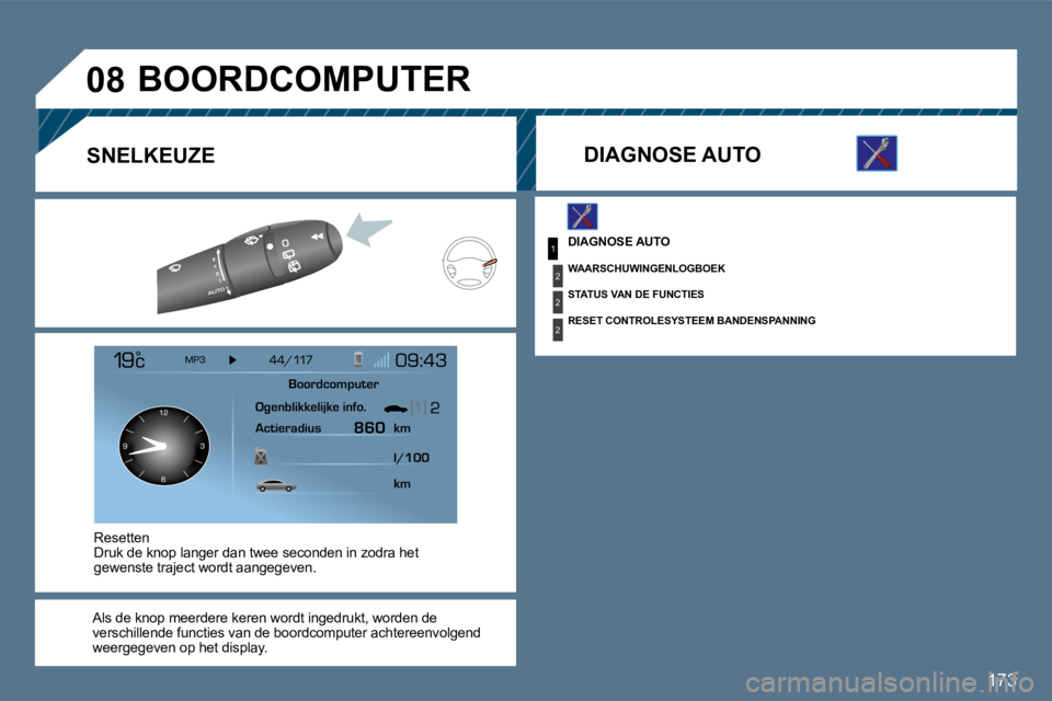 Peugeot 407 2010  Handleiding (in Dutch) 173
1
2
2
2
�0�8
 DIAGNOSE AUTO 
  WAARSCHUWINGENLOGBOEK  
  STATUS VAN DE FUNCTIES  
  RESET CONTROLESYSTEEM BANDENSPANNING  
BOORDCOMPUTER
  DIAGNOSE AUTO  
  Als de knop meerdere keren wordt ingedr