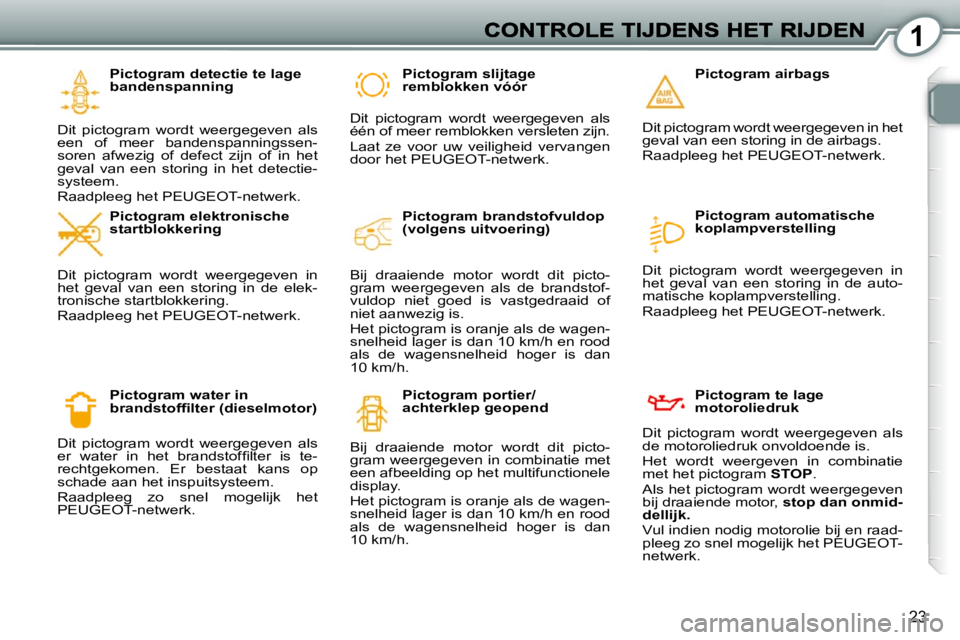Peugeot 407 2010 Handleiding (in Dutch) 1
23
Pictogram detectie te lage
bandenspanning
Dit pictogram wordt weergegeven als
een of meer bandenspanningssen-
soren afwezig of defect zijn of in het
geval van een storing Peugeot 407 2010 Handleiding (in Dutch) 1
23
Pictogram detectie te lage
bandenspanning
Dit pictogram wordt weergegeven als
een of meer bandenspanningssen-
soren afwezig of defect zijn of in het
geval van een storing