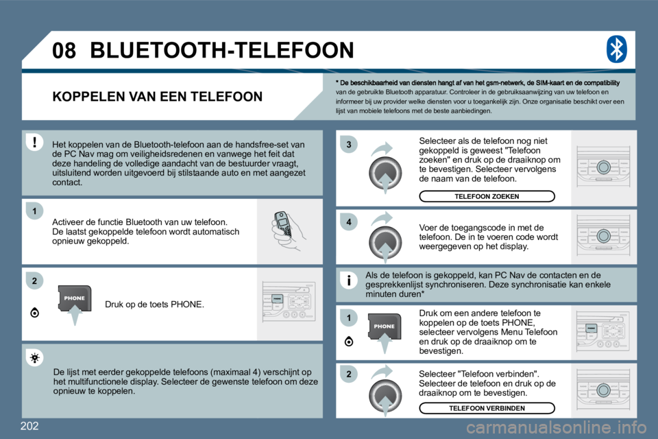 Peugeot 407 2010  Handleiding (in Dutch) 202
�1
�2
�3
�2
�1
�4
�0�8
van de gebruikte Bluetooth apparatuur. Controleer i
n de gebruiksaanwijzing van uw telefoon en informeer bij uw provider welke diensten voor u toegankelijk zijn. Onze organi