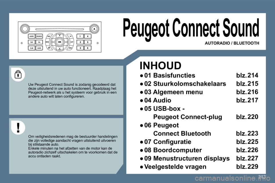 Peugeot 407 2010  Handleiding (in Dutch) 213
 Peugeot Connect Sound 
  INHOUD 
� � � 