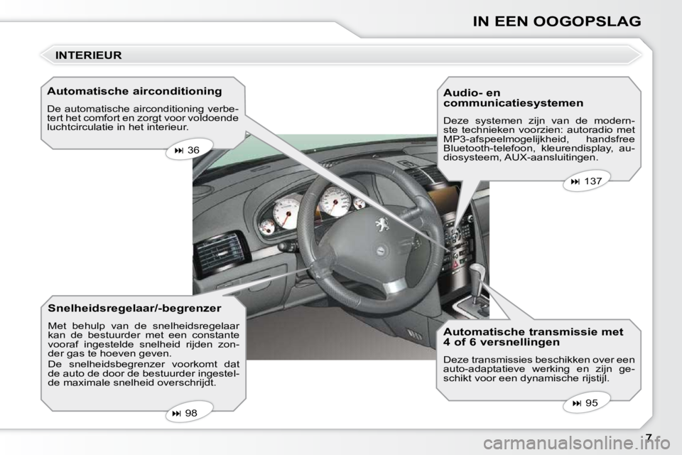 Peugeot 407 2010  Handleiding (in Dutch) IN EEN OOGOPSLAG
  Automatische airconditioning  
 De automatische airconditioning verbe- 
tert het comfort en zorgt voor voldoende 
luchtcirculatie in het interieur. 
  Snelheidsregelaar/-begrenzer  