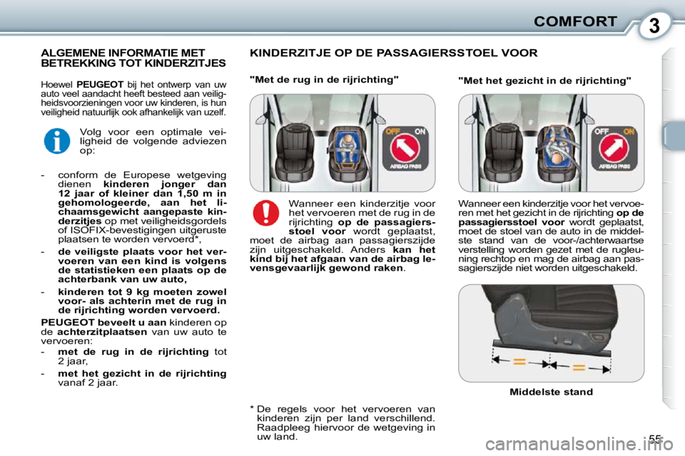Peugeot 407 2010  Handleiding (in Dutch) 3COMFORT
55
 KINDERZITJE OP DE PASSAGIERSSTOEL VOOR           ALGEMENE INFORMATIE MET BETREKKING TOT KINDERZITJES 
� � �*� � � � �D�e�  �r�e�g�e�l�s�  �v�o�o�r�  �h�e�t�  �v�e�r�v�o�e�r�e�n�  �v�a�n� 