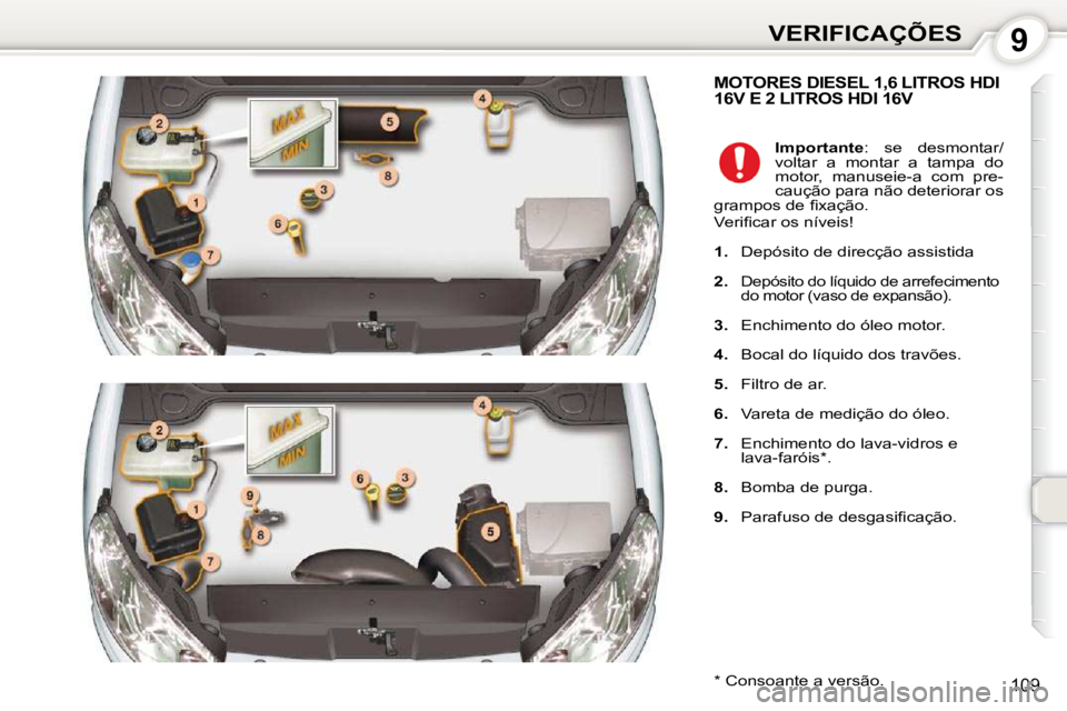 Peugeot 407 2010  Manual do proprietário (in Portuguese) 9VERIFICAÇÕES
109
 MOTORES DIESEL 1,6 LITROS HDI 16V E 2 LITROS HDI 16V 
� � �*� � � �C�o�n�s�o�a�n�t�e� �a� �v�e�r�s�ã�o�.� �   
Importante  :  se  desmontar/
voltar  a  montar  a  tampa  do  
�m�
