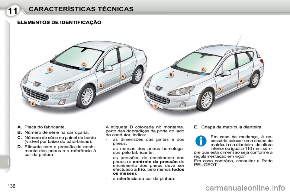 Peugeot 407 2010  Manual do proprietário (in Portuguese) 1111CARACTERÍSTICAS TÉCNICAS
136
   
A.    Placa do fabricante. 
  
B.    Número de série na carroçaria. 
  
C.    Número de série no painel de bordo 
(visível por baixo do pára-brisas). 
  

