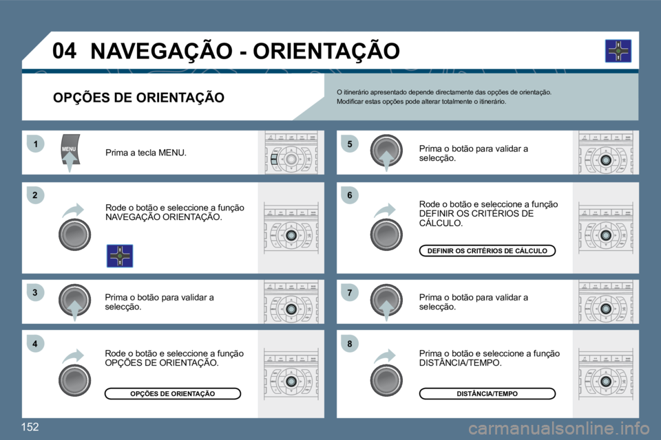 Peugeot 407 2010  Manual do proprietário (in Portuguese) 152 
11
�2�2
�3�3
�4�4
�5�5
�6�6
�7�7
�8�8
�0�4
OPÇÕES DE ORIENTAÇÃO  O itinerário apresentado depende directamente das opções de orientação. � �M�o�d�i�ﬁ� �c�a�r� �e�s�t�a�s� �o�p�ç�õ�e�